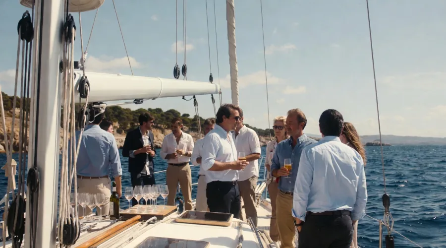 Grupo de ejecutivos conversando y brindando en la cubierta de un yate durante un evento corporativo en Barcelona