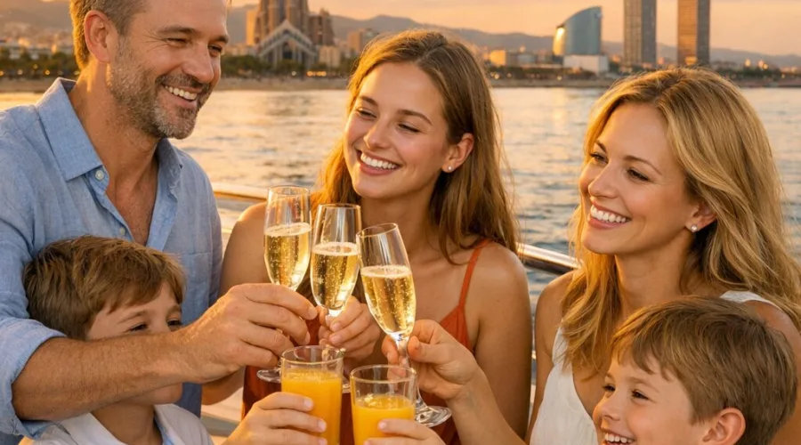 Familia brindando en un barco en Barcelona al atardecer con vistas a la ciudad y al mar