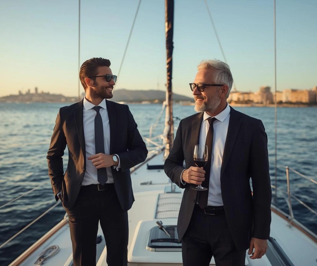 Groupe de personnes profitant d’une sortie en voilier de luxe naviguant près de la ville au coucher du soleil