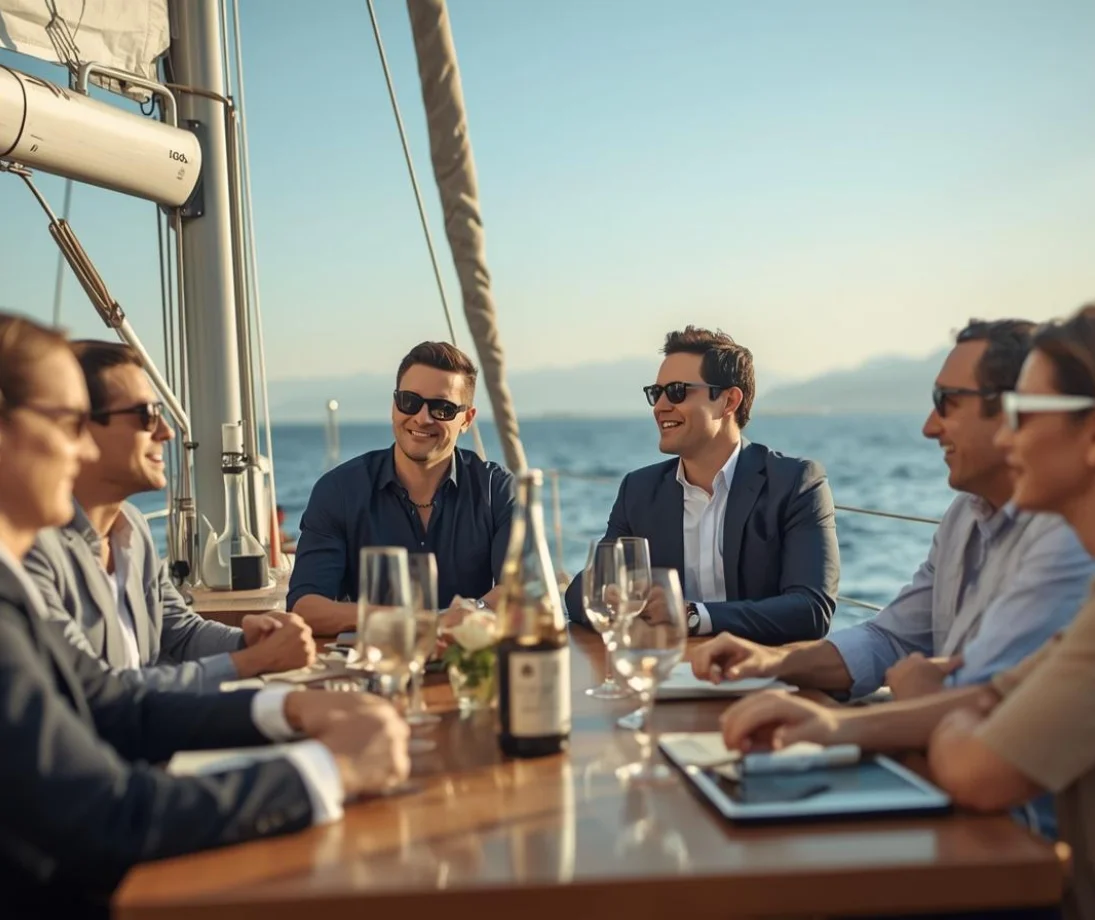 Three people talking casually on a luxury sailboat in front of the Barcelona skyline at sunset
