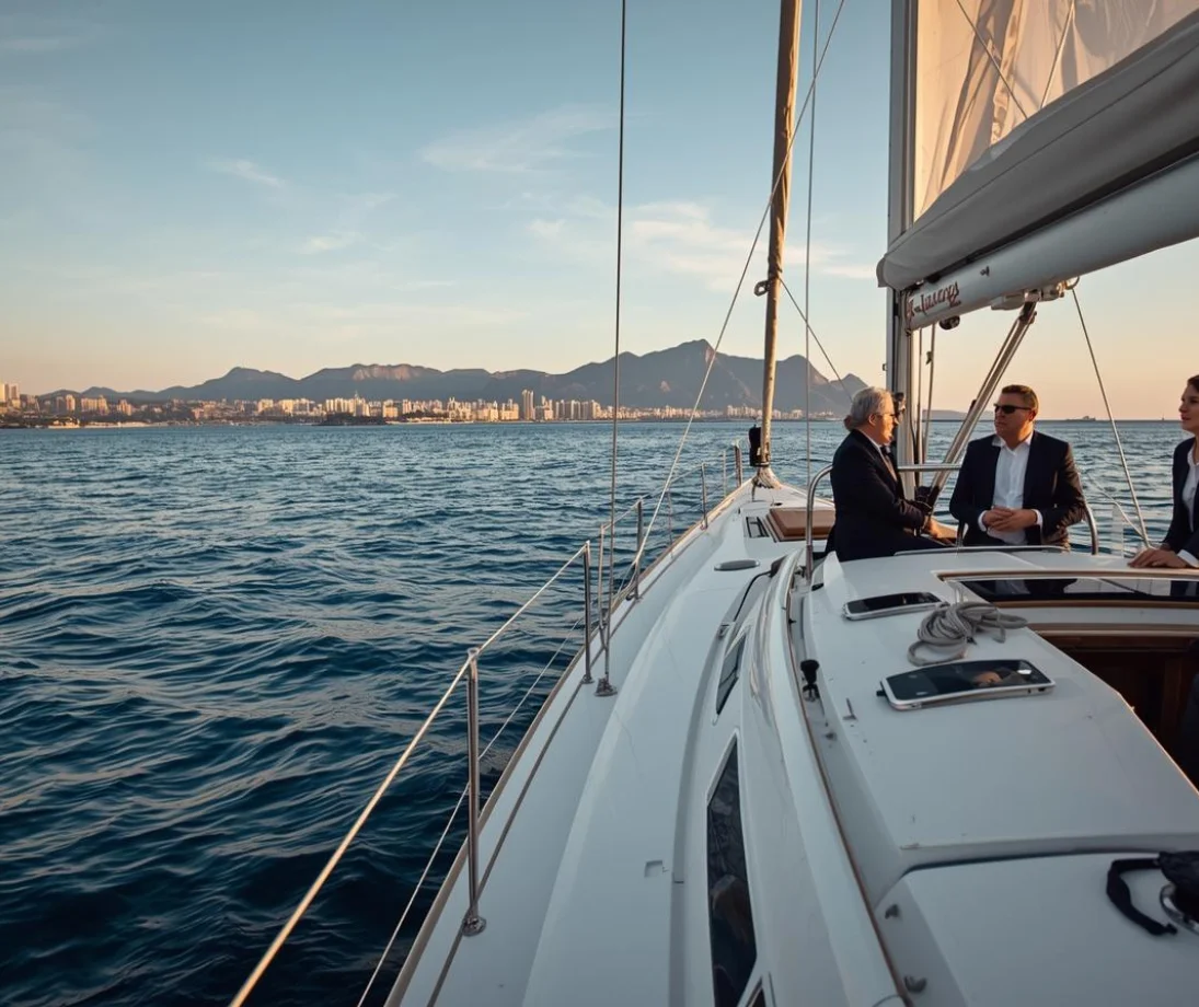 Tre persone che parlano rilassate su uno yacht di lusso di fronte allo skyline di Barcellona al tramonto