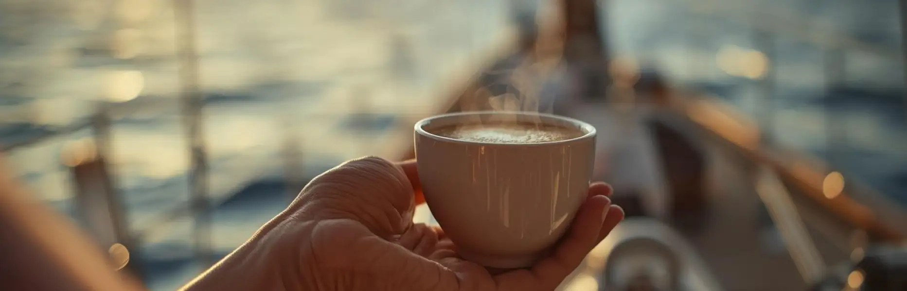 Hand, die eine Tasse heißen Kaffee im Morgengrauen an Deck einer Segelyacht hält, mit ruhigem Meer im Hintergrund