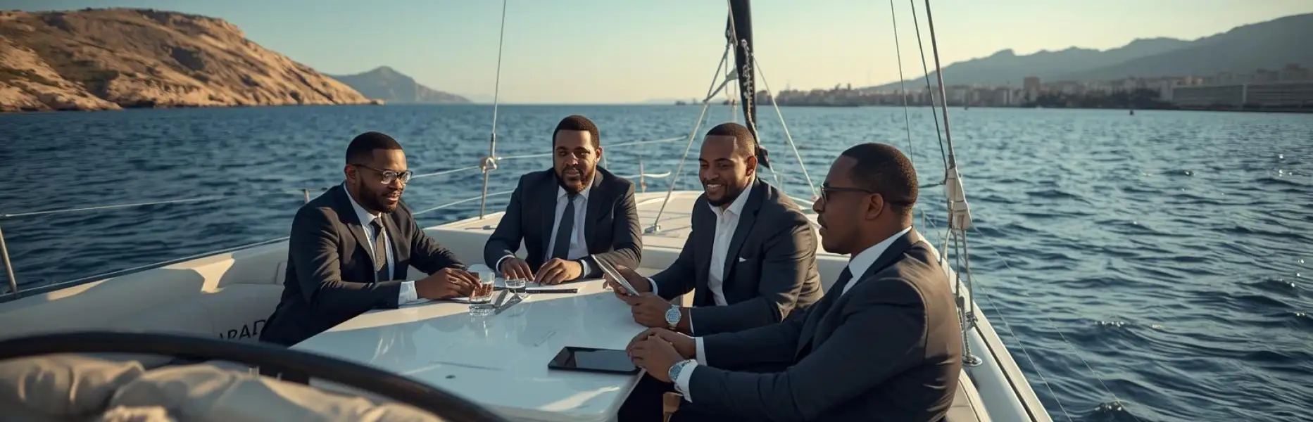 Four business executives gathered at the table of a luxury yacht sailing on the open sea