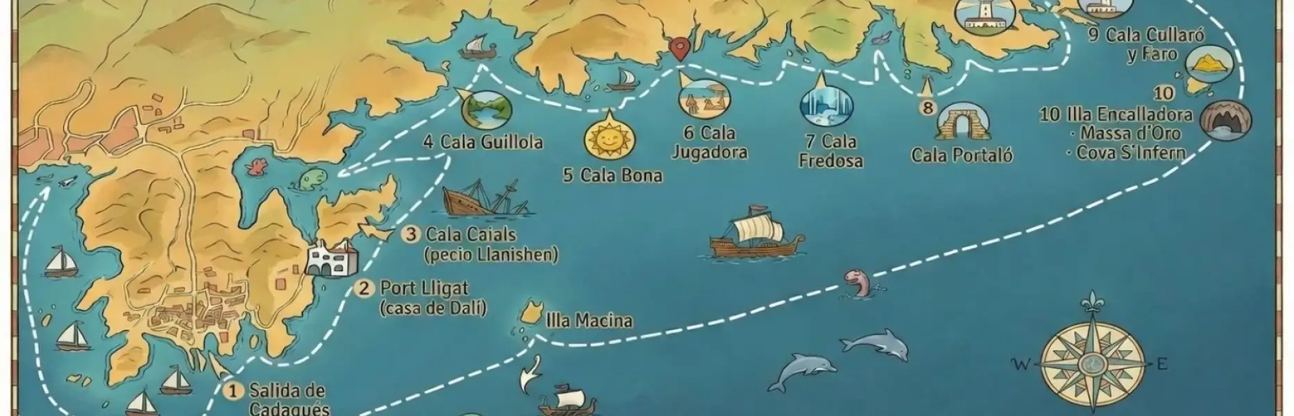 Carte illustrée d’un itinéraire en bateau depuis Cadaqués avec des criques et des points d’intérêt indiqués le long de la côte