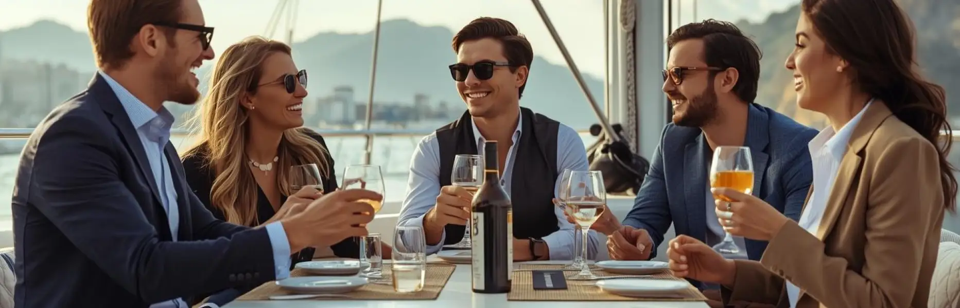 Grupo de amigos elegantemente vestidos brindando y sonriendo en la mesa de un barco charter al atardecer