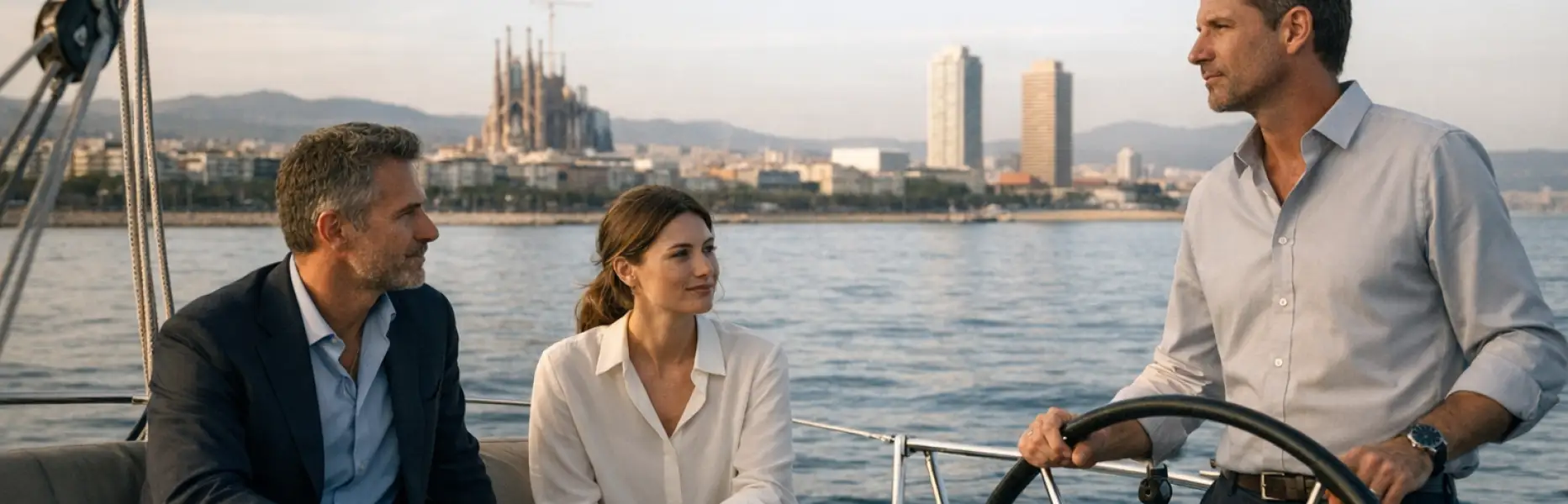 Tres personas hablando relajadas en un velero de lujo frente al skyline de Barcelona al atardecer
