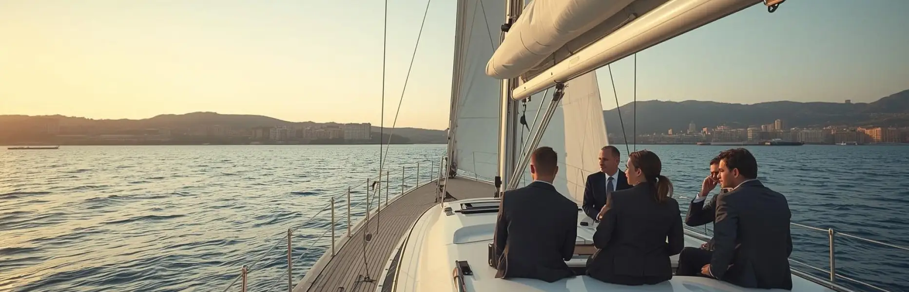 Grupo de ejecutivos reunidos en la cubierta de un yate de lujo durante un charter al atardecer