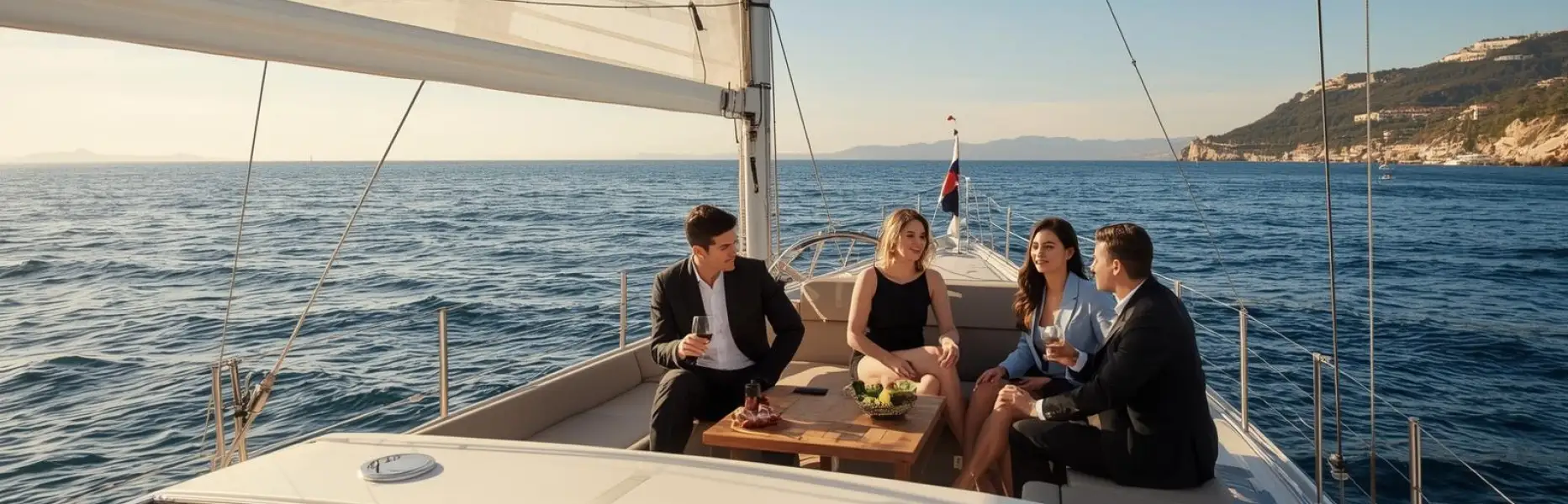 Gruppo di amici che si gode un charter di lusso in barca a vela al tramonto con bicchieri e aperitivi in alto mare