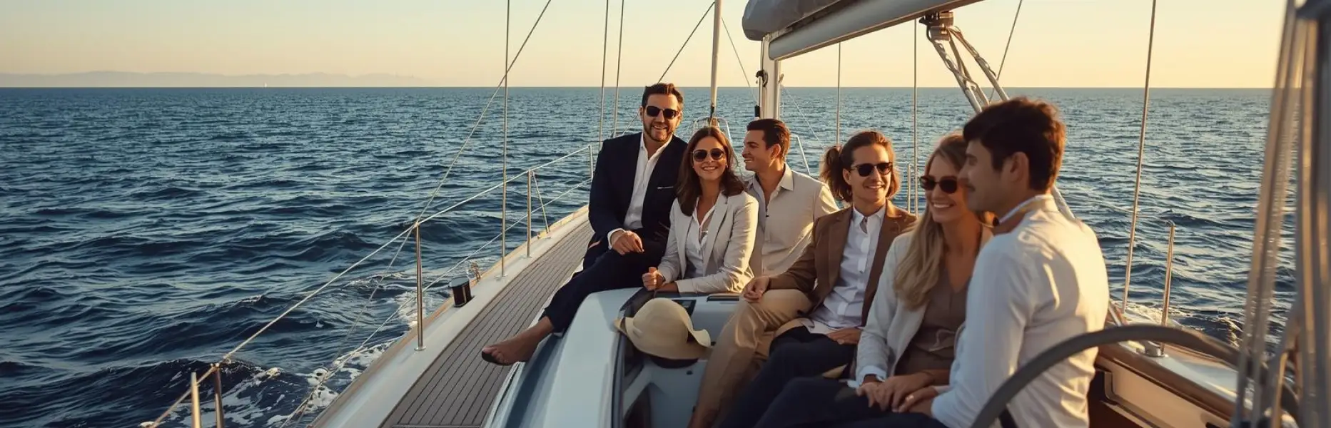 Gruppo di amici che si gode un charter in barca a vela di lusso al tramonto in mare calmo