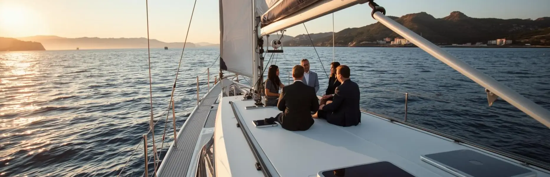 Groupe de cadres en réunion sur le pont d’un yacht de charter naviguant au coucher du soleil