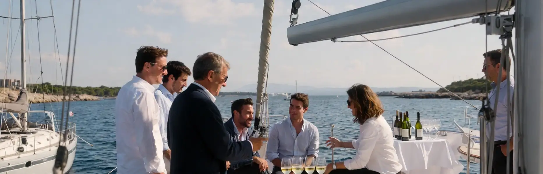 Group of friends enjoying a luxury sailing charter with glasses of wine on the sea