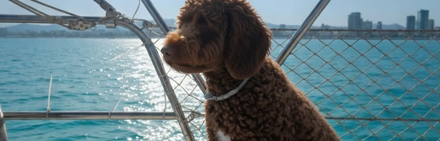 Chien assis sur un voilier naviguant face au skyline de Barcelone par une journée ensoleillée