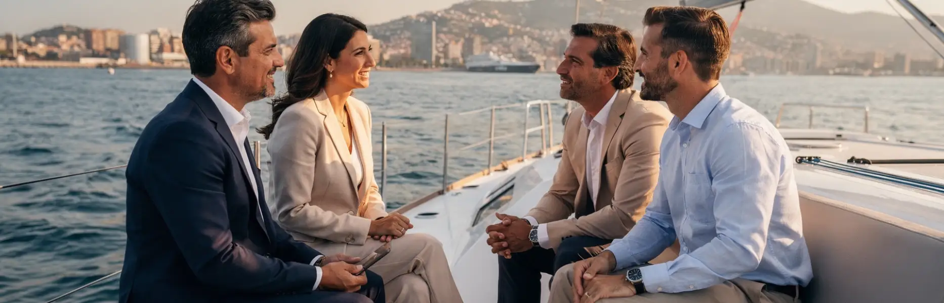 Vier Fachleute unterhalten sich bei Sonnenuntergang auf einer Luxusyacht vor der Küste