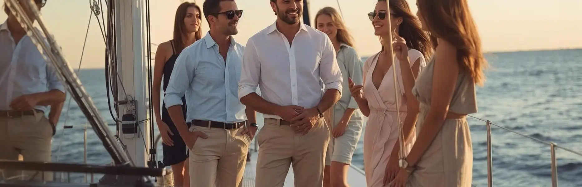 Group of friends enjoying a luxury sailing boat trip at sunset on the sea