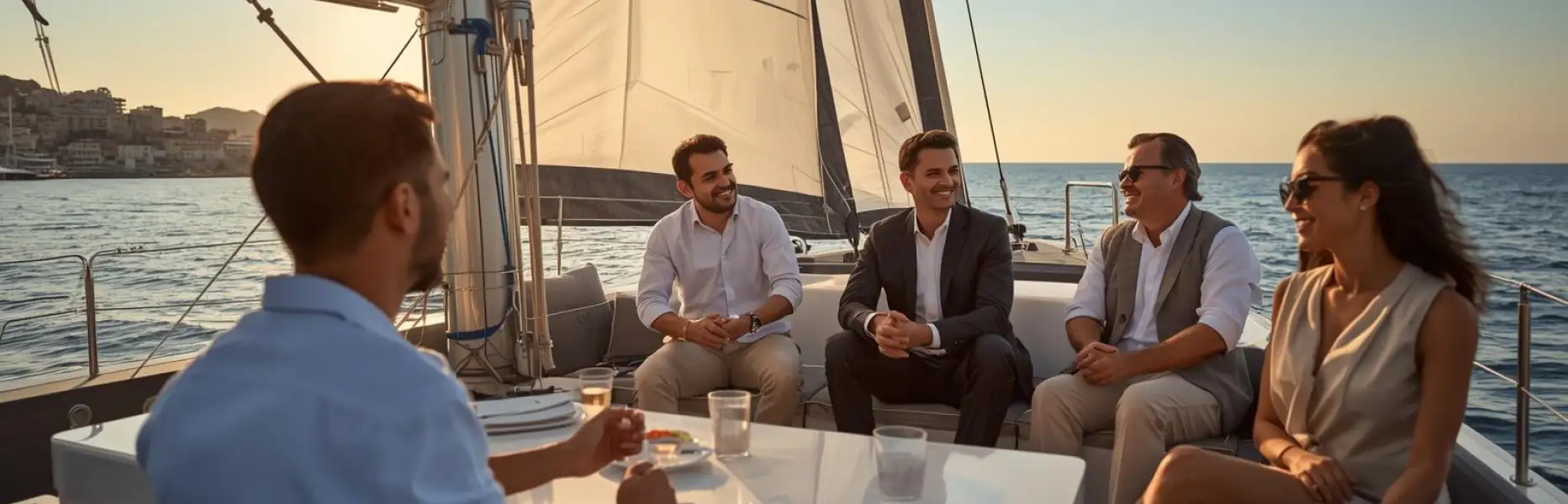 Group of professionals talking on the deck of a luxury sailboat during a sunset charter