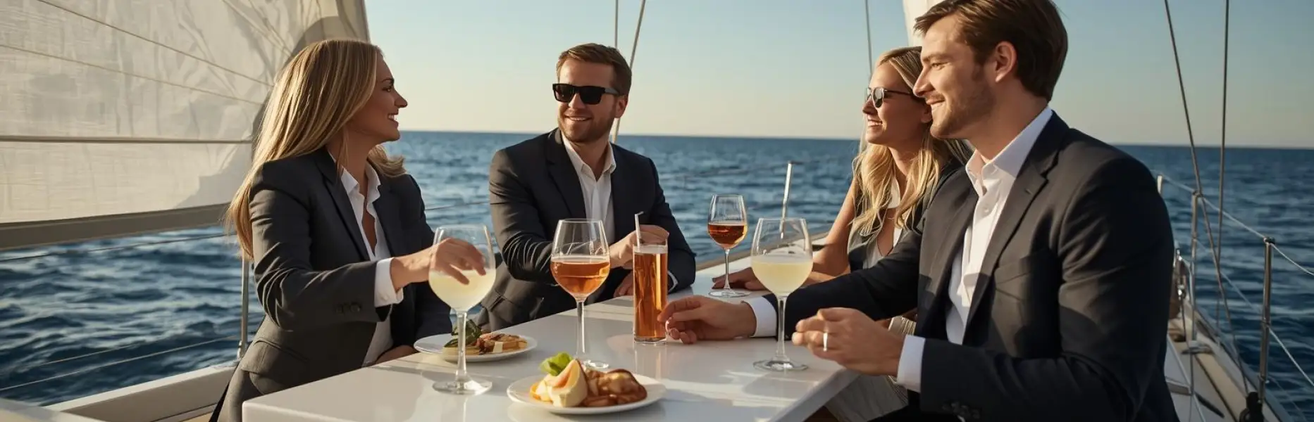 Quatre executius brinden i conversen a la taula d’un iot de luxe navegant a la posta de sol