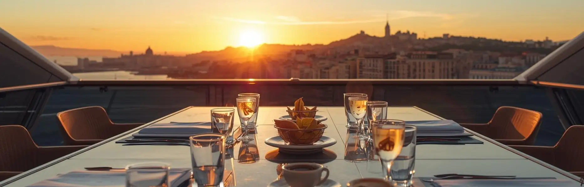 Taula elegant parada al capvespre en un iot de xàrter amb vistes a la ciutat i al mar