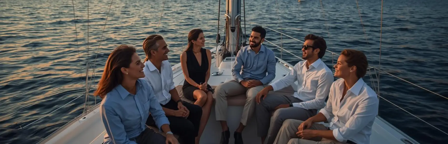 Grupo de profesionales charlando relajados en un velero de lujo al atardecer frente a la costa