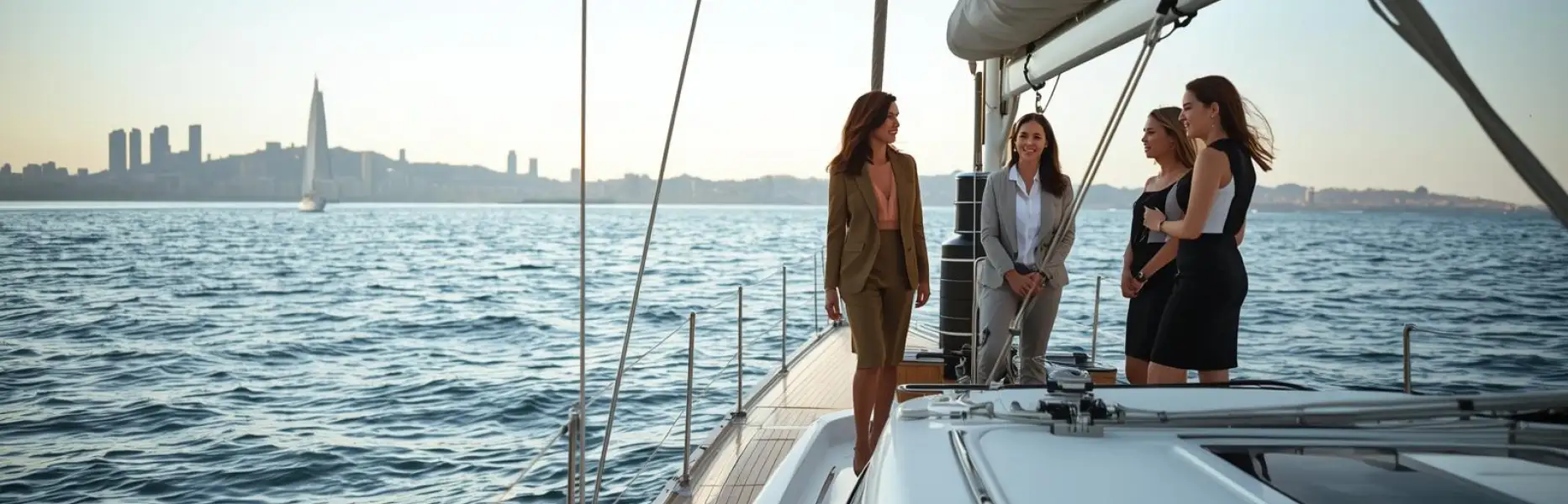 Groupe de femmes discutant sur le pont d’un yacht de luxe au coucher du soleil avec la ville en arrière-plan