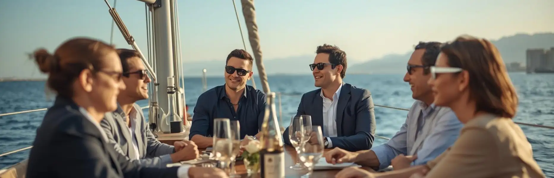 Grupo de profesionales reunidos en la mesa de un yate de lujo al atardecer, brindando y conversando sobre negocios en alta ma