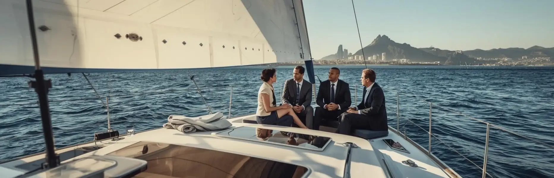 Gruppo di dirigenti riuniti sul ponte di uno yacht di lusso che naviga al largo della costa di una grande città
