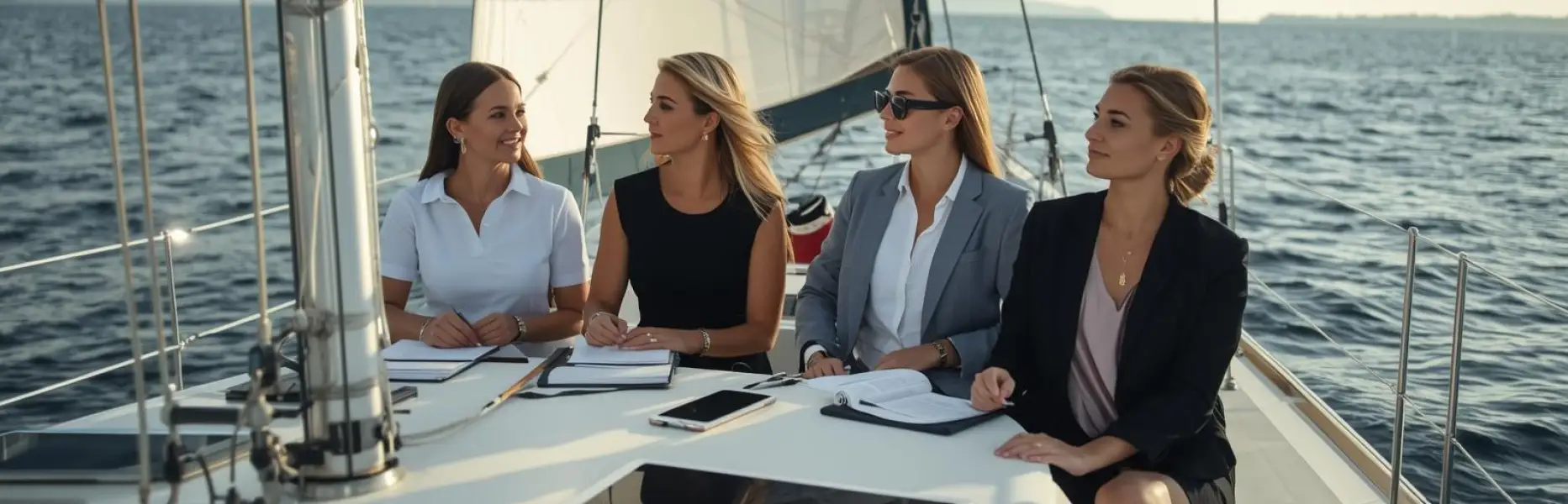Gruppo di donne dirigenti riunite sul ponte di una barca a vela a noleggio che naviga in mare aperto
