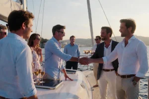 Gruppe eleganter Freunde, die auf dem Deck einer Yacht bei Sonnenuntergang anstoßen und sich die Hände schütteln