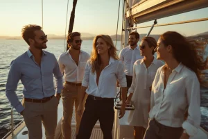 Groupe d'amis élégants profitant d'une croisière en voilier au coucher du soleil en mer